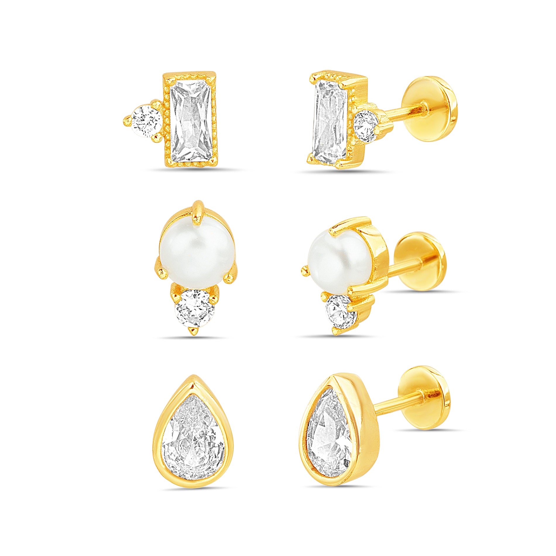Gold Comfort Earrings Set - Pearl and CZ Pear, Baguette, & Double Round